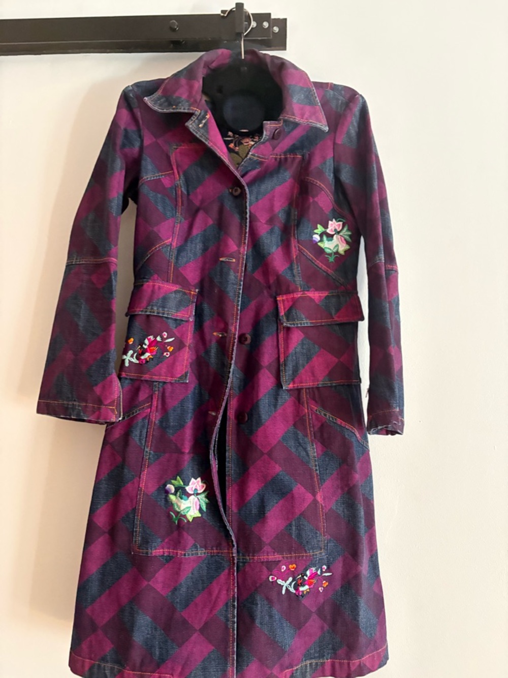 Custo Barcelona,Long Denim Coat with embroidered flowers and Purple